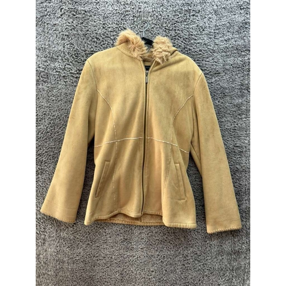 Apostrophe Faux Suede Full-Zip Faux Fur Lining Hooded Jacket Beige Womens Size M